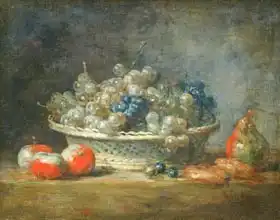 Chardin, Jean-Siméon: Still life: grape basket with three apples, a pear and two marzipans
