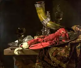 Kalf, Willem: Still Life with the Drinking-Horn of the St. Sebastian Archers Guild, Lobster and Glasses