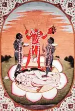 Indická škola (19. století): Icon of Chinnamasta, the Mahavidya arising from the joined bodies of the Originating Couple, Kangra