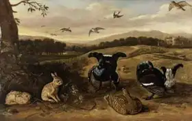 Knyff, Leonard: Black game, rabbits and swallows in a park