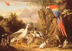 Bogdani or Bogdany, Jakob: Macaw, Ducks, Parrots and Other Birds in a Landscape